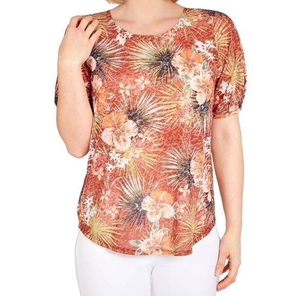 Ruby Rd. Rust Floral Rhinestone 
Accent Short-Sleeve Top - Picture 1 of 6